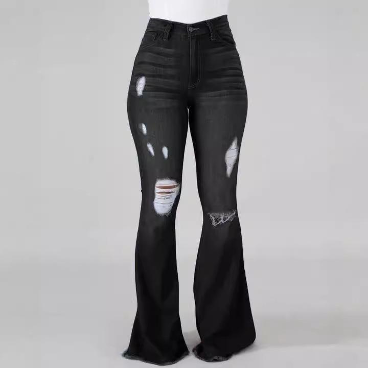 Denim Womens Pants High-stretch Ripped Jeans High-waisted Flared Trousers for Women