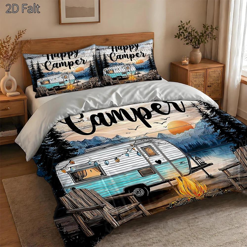 1 Duvet Cover + 2 Pillowcases, No Filler, 2D Flat Printing, Camper Van Bed Sheet 3Pcs Set, Forest Camping Themed Pattern