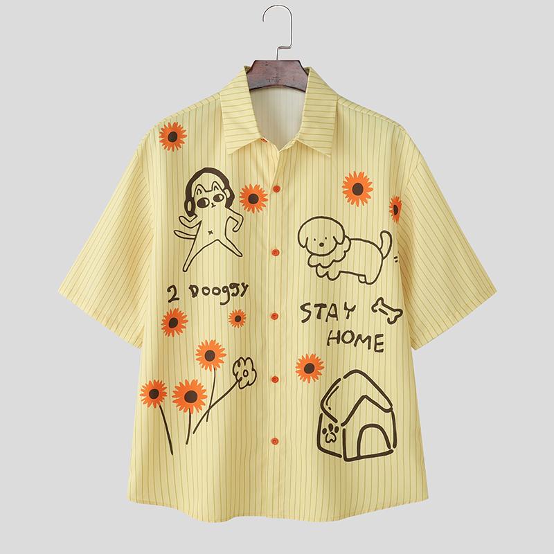 

INCERUN Oversized Men Lapel Neck Short Sleeve Cartoon Print Casual Loose Shirts 5XL жёлтый