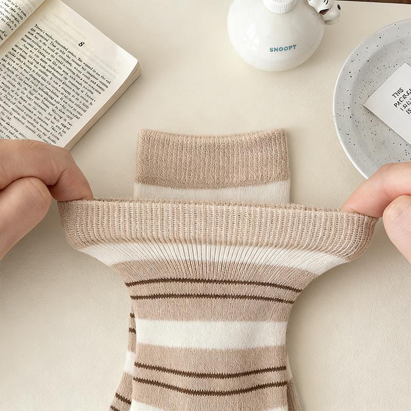 Women's Striped Terry Socks - Extra Thick, Warm, and Soft Mid-Calf Socks for Autumn and Winter