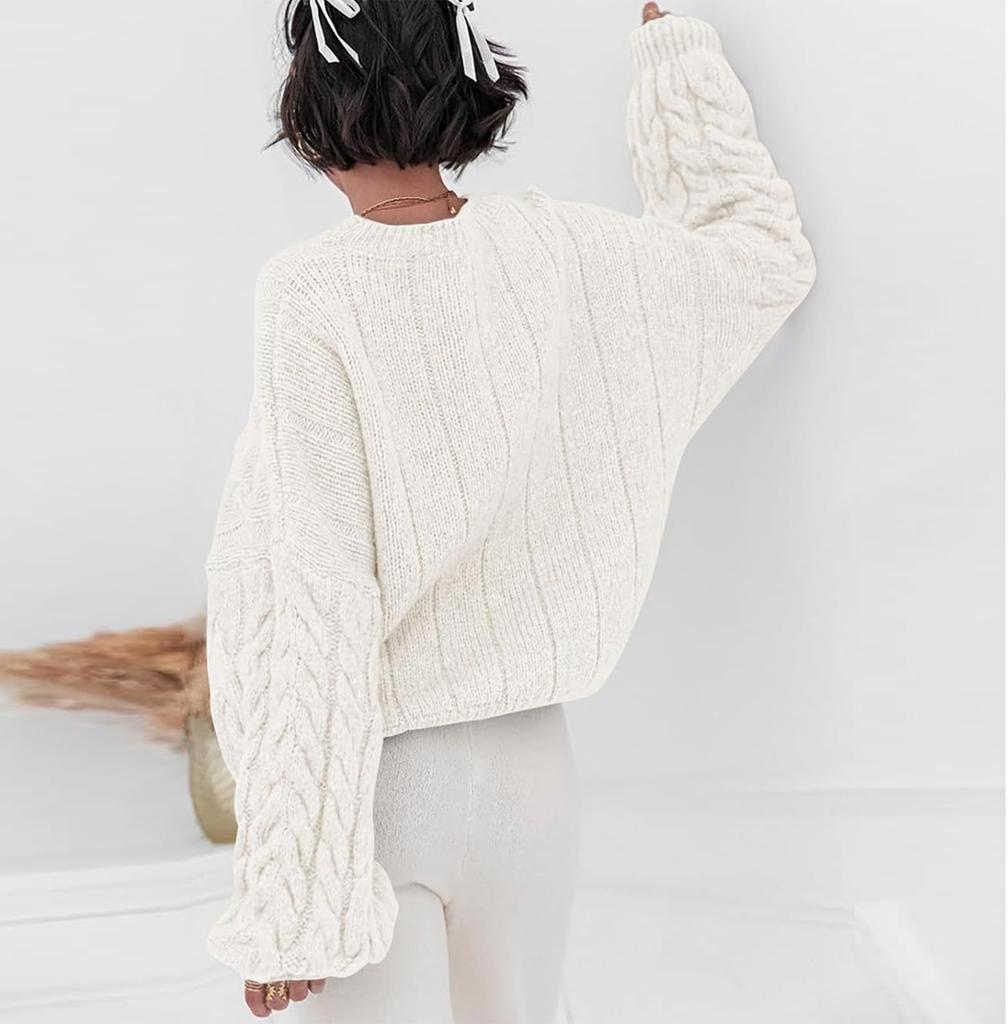 Women's Color Thick Needle Big Dough Twists Loose Pullover Round Neck Long Sleeve Sweater