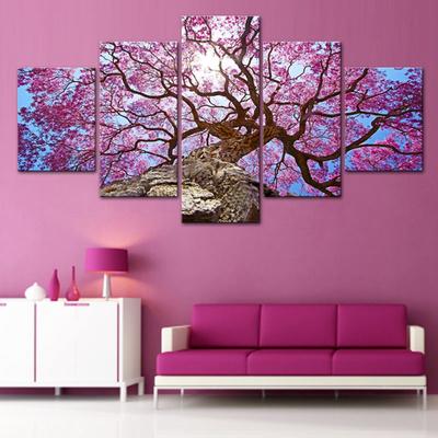 Decoração de parede moderna para casa, arte, quadro, imagens, 5 peças, linda paisagem de cerejeira rosa, pintura impressa em HD, pôster em tela