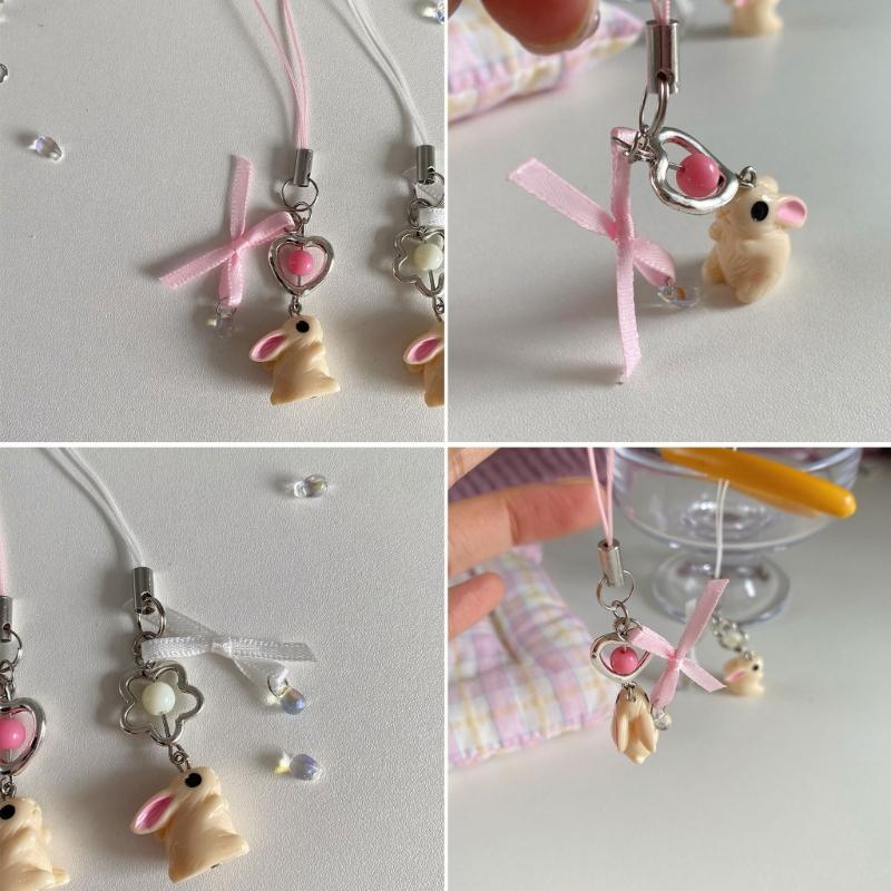 Rabbit Ribbon Phone Charm Keychain Elegant Bowknot Flower Pendant Keyring Romantics Keyring Gift for Women Girl Teen