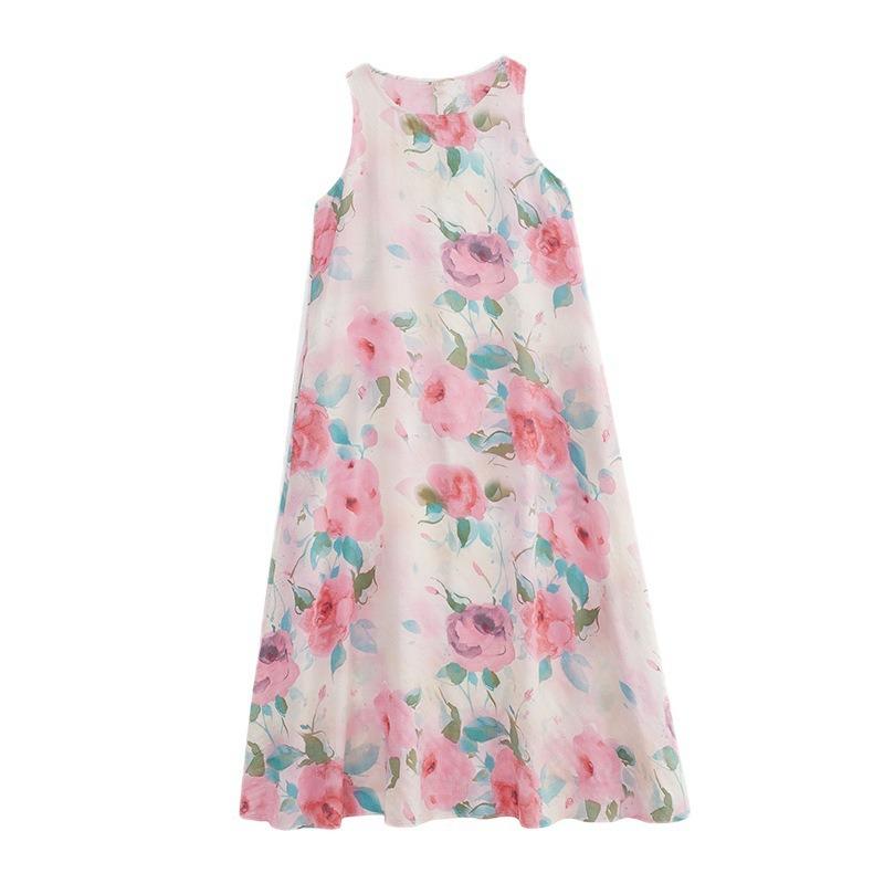 Real Summer New Literary Loose Cotton and Linen Printing Round Neck Sleeveless Dress Women's Medium and Long