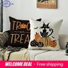 Linen Square Pillow Cover Pumpkin Cat Happy Halloween Trick Or Treat Autumn Decorative Sofa Cushion Cover Living Room