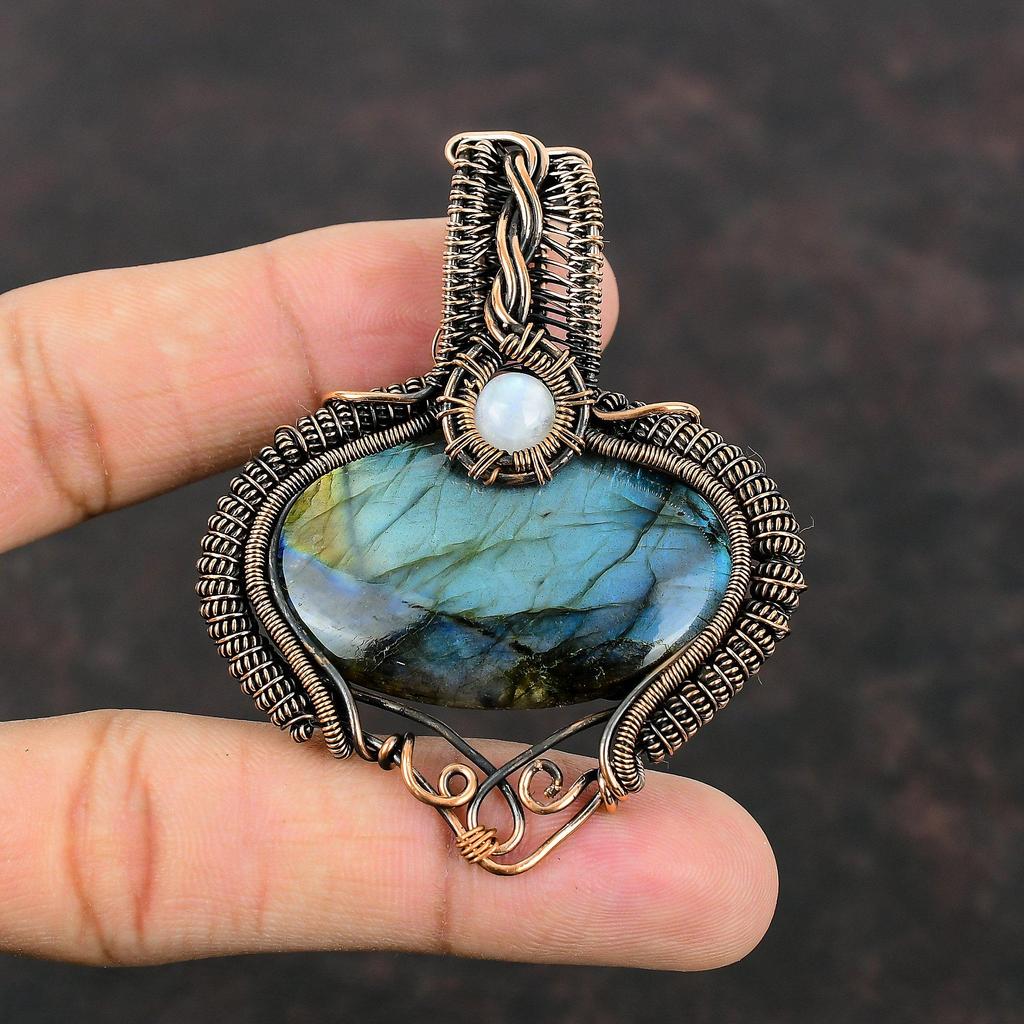 Labradorite Pendant Copper Wire Wrapped Pendant Rainbow Moonstone Pendant Handmade Pendant Gemstone Pendant Copper Wire Jewelry Gift For Her