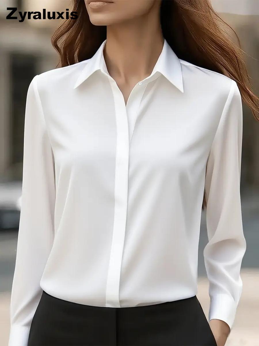 Bestselling Autumn Solid Long Sleeve Shirt with Stand Collar Satin Women s Shirt Blouse S белый