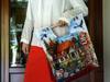 Bag With Wooden Handle Village Life Fabric Shopping Bag
