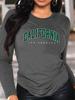 100% Pure Polyester Women's Spring and Autumn Comfortable Casual Long Sleeved California Los Angeles Printed Round Neck T-shirt