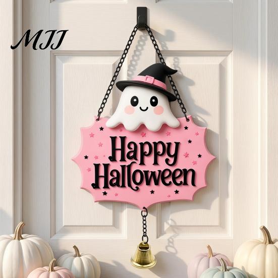 Indoor Wall Art for Holidays Halloween Cute Witch Hat Ghost Door Sign, Wooden Hanging Decoration, Decorative Skull Doorbell Pendants Outdoor