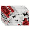4pcs Elegant Red Rose & Black Butterfly Placemats On White Background - 12"x18" Polyester Woven Table Mats for Spring/Summer Dining, Wedding Banquets