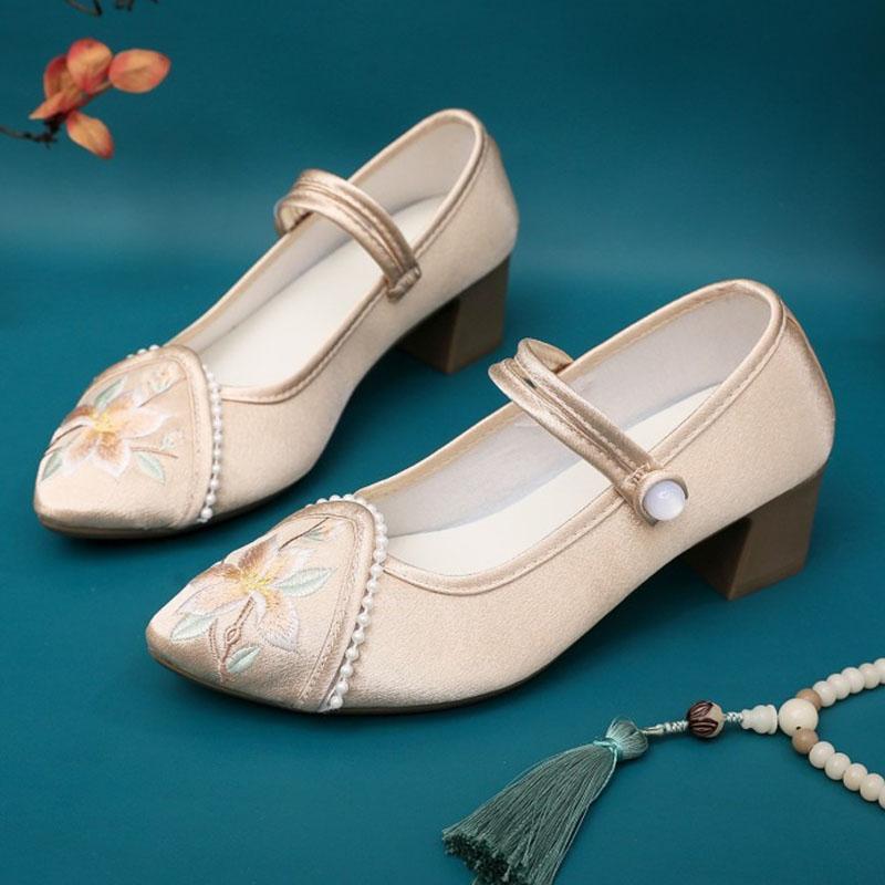 Pantofi cu toc înalt pentru femei Pantofi noi Mary Jane Pantofi casual din pânză de bumbac cu flori brodate de lux Eleganți cu vârf ascuțit, cu toc pătrat, pantofi cu toc