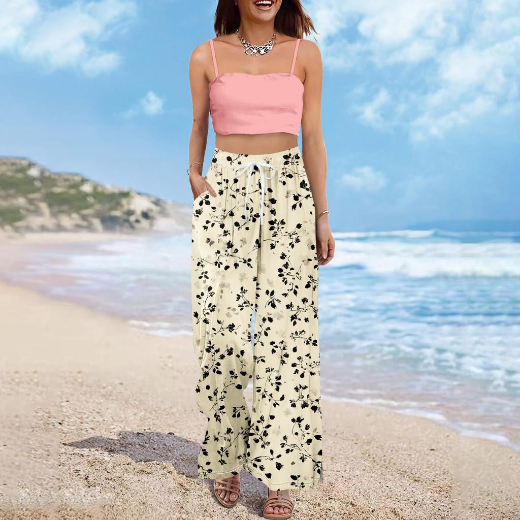 מכנסי פאלאצו קיציים בוהו לנשים מותן גבוה רגל רחבה הדפס פרחוני מכנסיים קז'ואל עם כיסים
