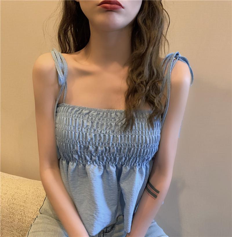 Camisole Women Pleated Y2k Summer Crop Tank Top Woman Sexy Tee Shirt Femme Short Cute Bandage Tanks Camis Skinny Tshirt Clothes