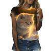 T-Shirt für Damen Sommer Niedlicher Katzen-Print O-Ausschnitt Klein Frisch Harajuku Lässig Pullover Gestreift Grafik Damen Streetwear Damen Oberteile