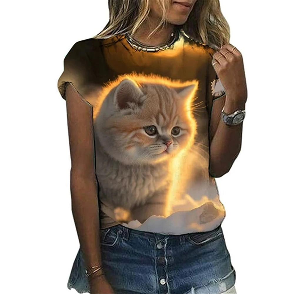 T-Shirt für Damen Sommer Niedlicher Katzen-Print O-Ausschnitt Klein Frisch Harajuku Lässig Pullover Gestreift Grafik Damen Streetwear Damen Oberteile