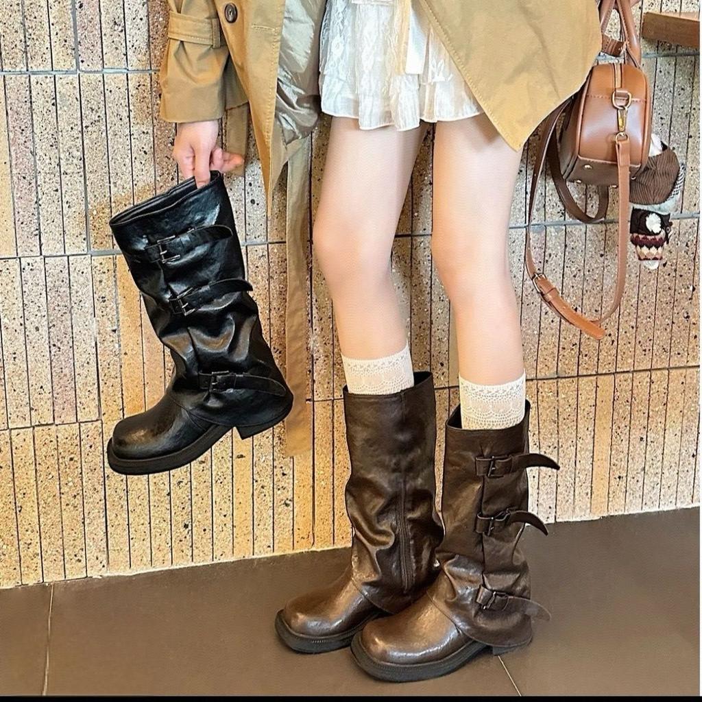 Popular trousers western boots ins trendy boots belt buckle pleated thick-soled medium boots women's 2025 autumn and winter new models