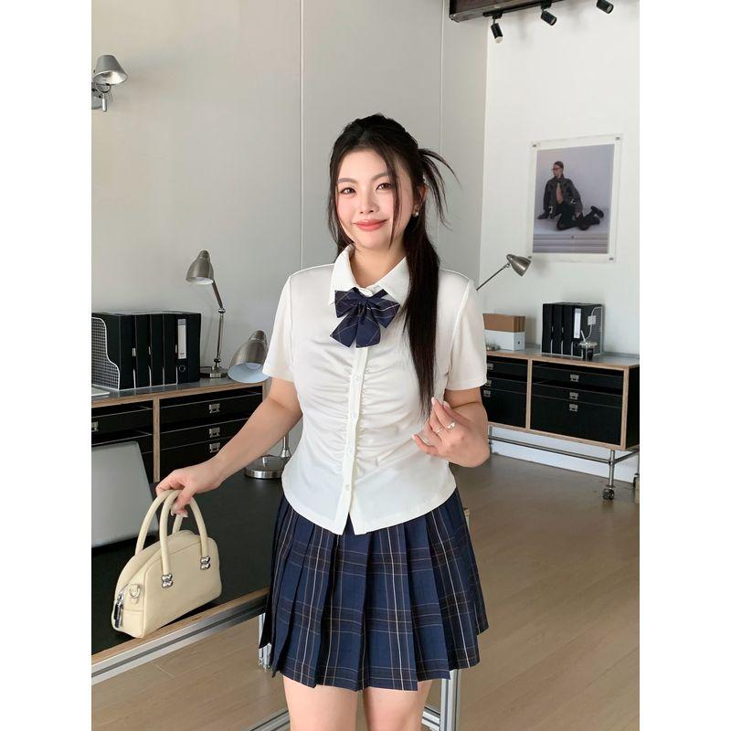 Achai's Plus size JK Chubby Girl Original Preppy White Long Short Sleeve Waist Hugging Shirts Blue Plaid Pleated Skirt Set