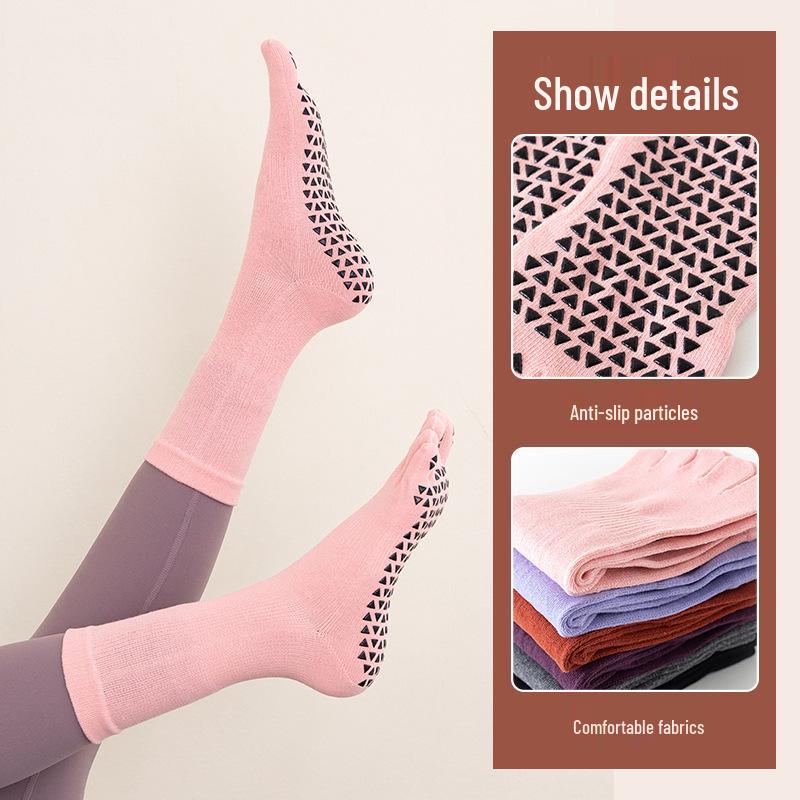 Professional Non-Slip Five-Finger Yoga Socks for Pilates, Aerobics, Indoor Sports, and Fitness - Sweat-Absorbent, Breathable, Mid-Calf Floor Socks.