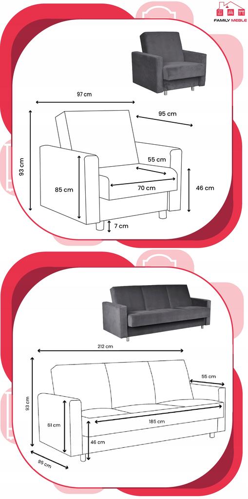 Zestaw mebli wypoczynkowy Alicja wersalka kanapa fotele Family Meble szary