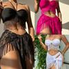 2025 European & American Tassel Mesh Bandeau Halter Three-Piece Bikini Swimsuit