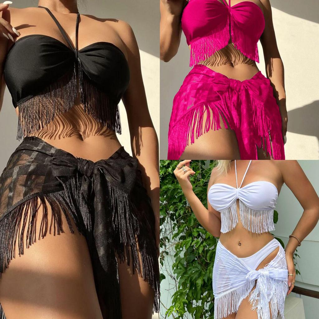 2025 European & American Tassel Mesh Bandeau Halter Three-Piece Bikini Swimsuit
