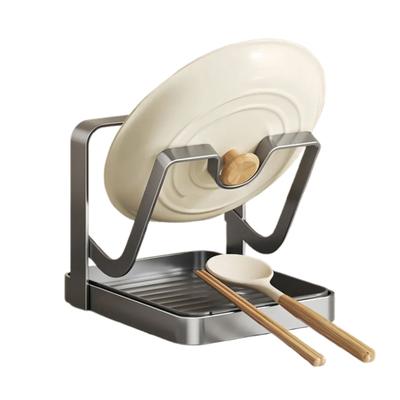 Arbeitsplatten-Topfdeckelhalter beim Kochen Küchen-Topfdeckel-Organizer mit Löffelablage Kohlenstoffstahl Pfannendeckel-Aufbewahrungsständer mit Abtropfschale