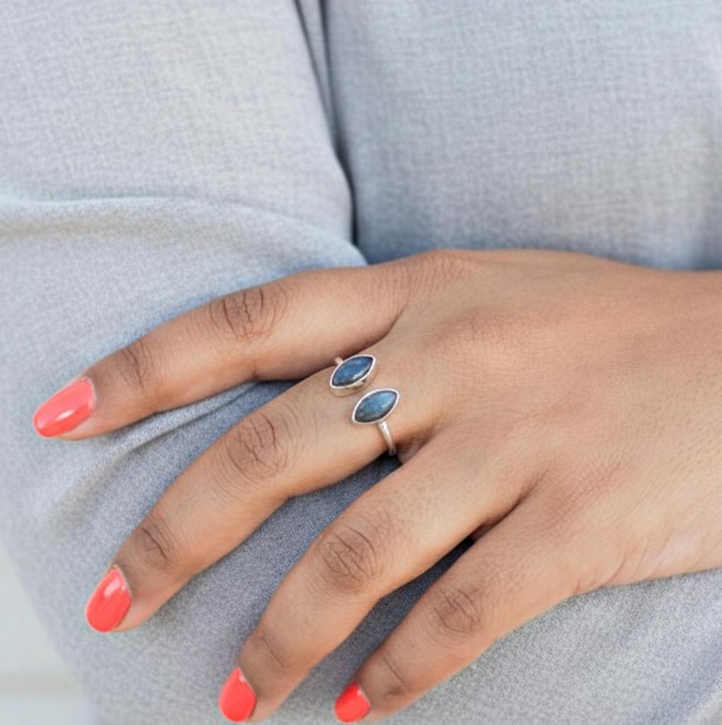Blue Labradorite Dual Marquise Cut Gemstone Ring, 925 Sterling Silver, Minimalist Open Adjustable Ring for Women