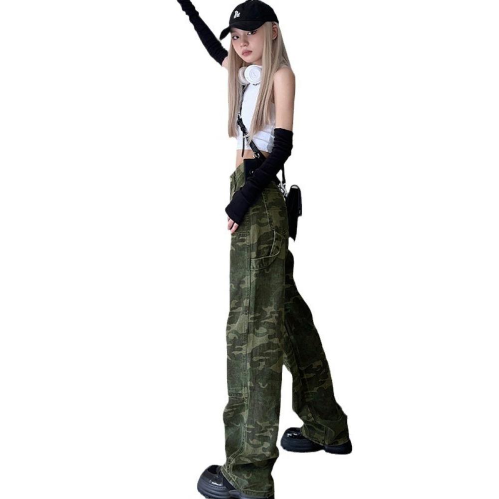 Camouflage-Overall Frühling High Street Locker Herbst Neu Hohe Taille Schmale Version Weites Bein Dünne Wischjeans
