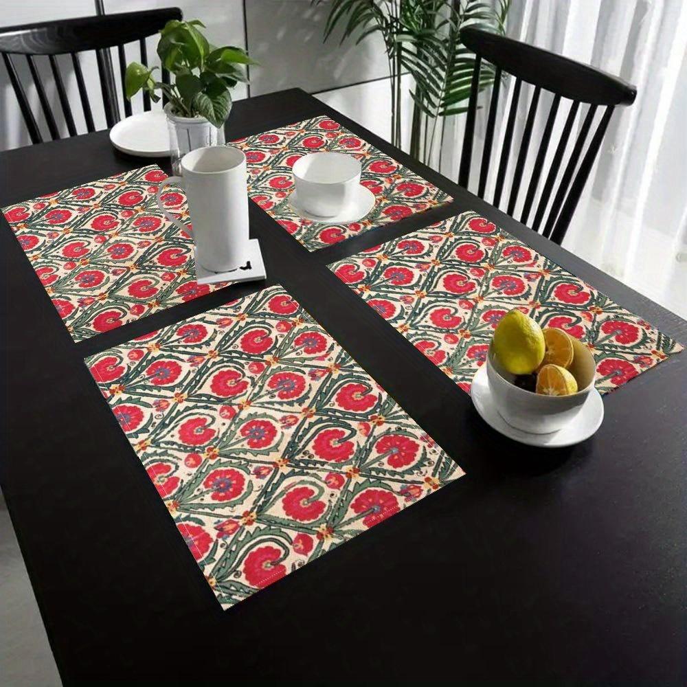 4pcs Linen Placemats Set, 12x18 Inches Red Flower and Green Leaf Patchwork Design, Perfect for Kitchen Dining Room Decor, Family Gatherings, Parties,