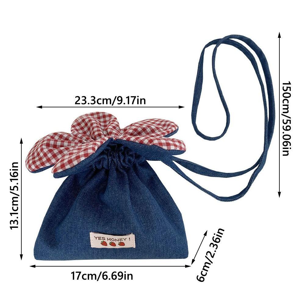 New Design Denim Bundle Pocket Flower Drawstring Bag Candy Color Multifunctional Checkered Flower Bucket Bag Casual Shoulder Bag