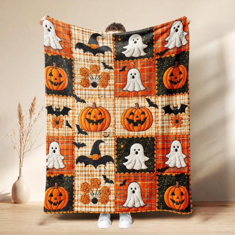 Soft Fleece Blanket Halloween Seasonal Use - Digital Print Cartoon Design Warm Lightweight Throw Bed Sofa Nap
