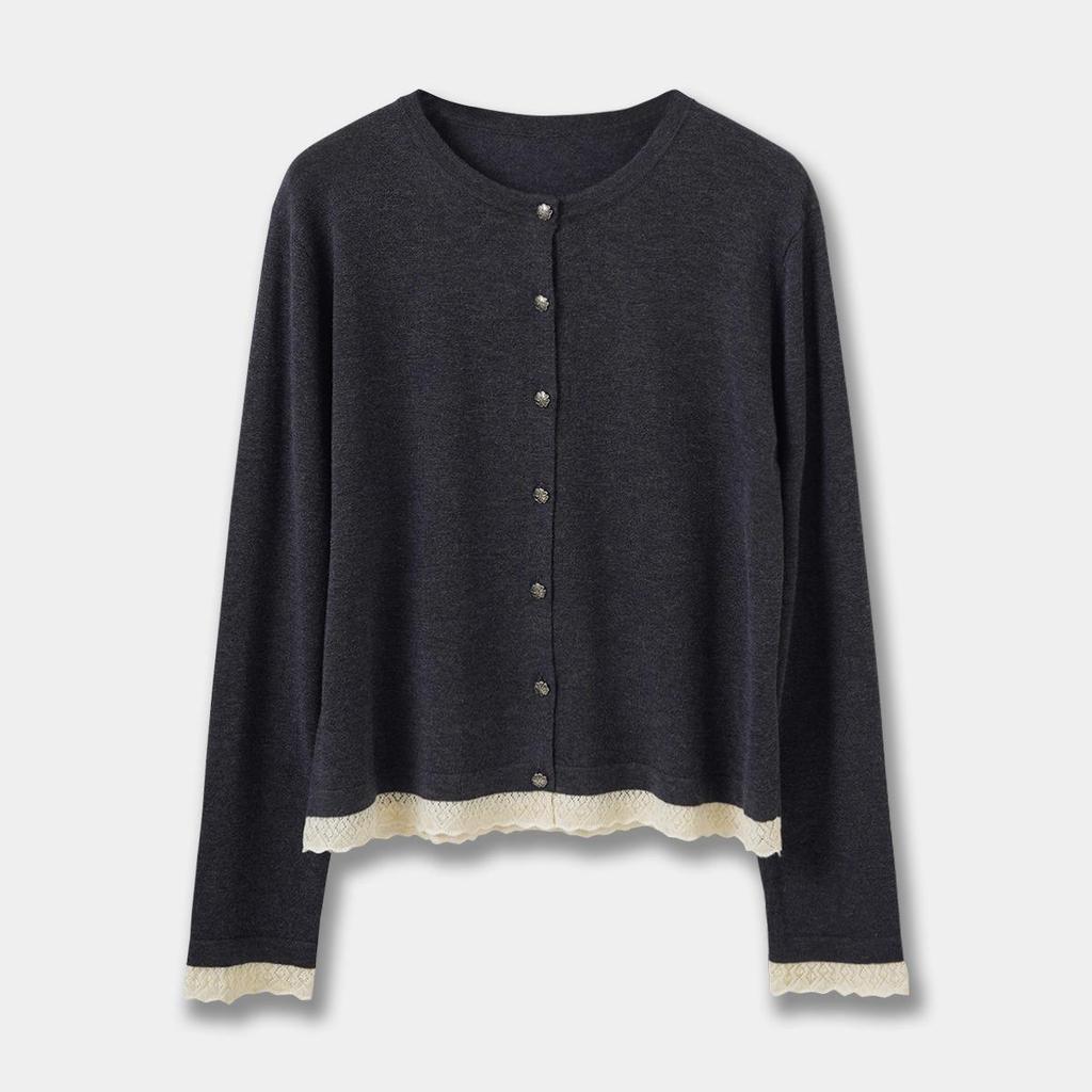 ES Lace Floral Grey Wool Knit Cardigan: Women's Lightweight Autumn Round Neck, Single-Breasted Jacket