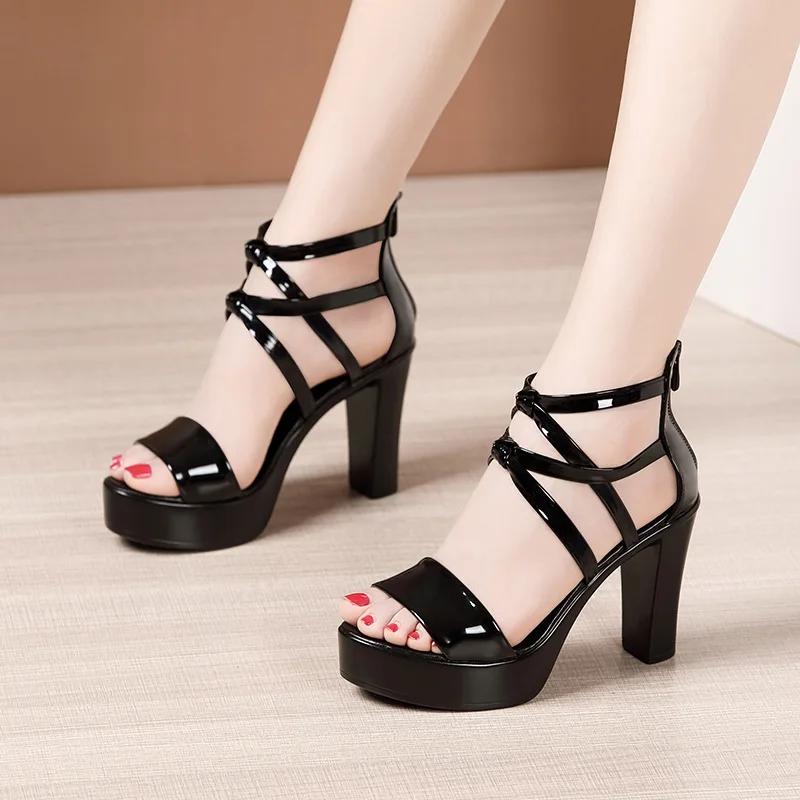 Big Size 32-43 Block Heel Platform Sandals Women Wedding Shoes Summer High Heels Gladiator Sandals Patent Leather Sandals
