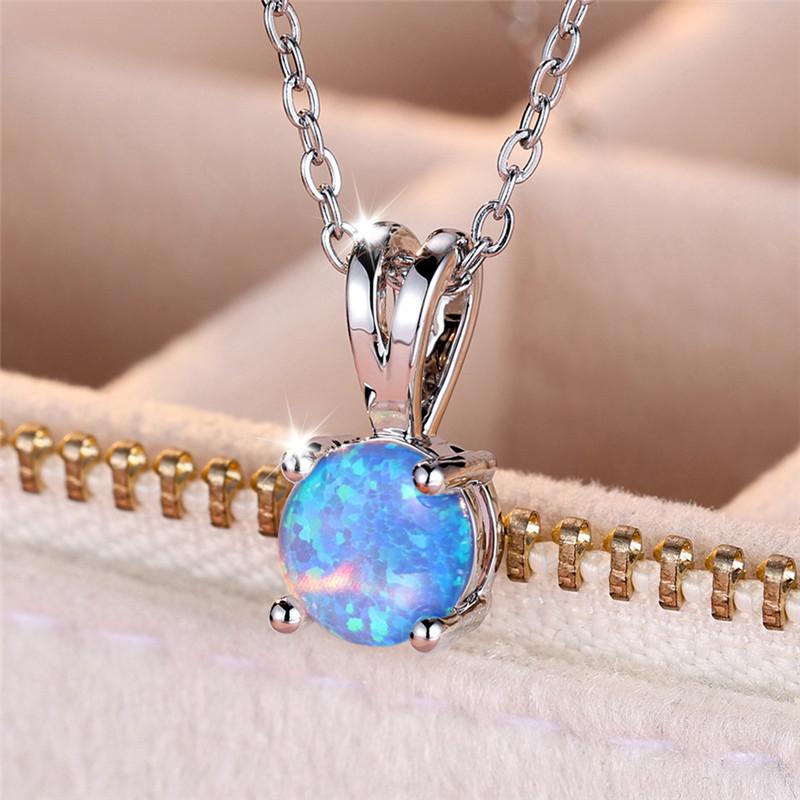 Cute Female Small Round Fire Opal Stone Pendant Necklace Vintage Silver Color Wedding Jewelry Gift For Women