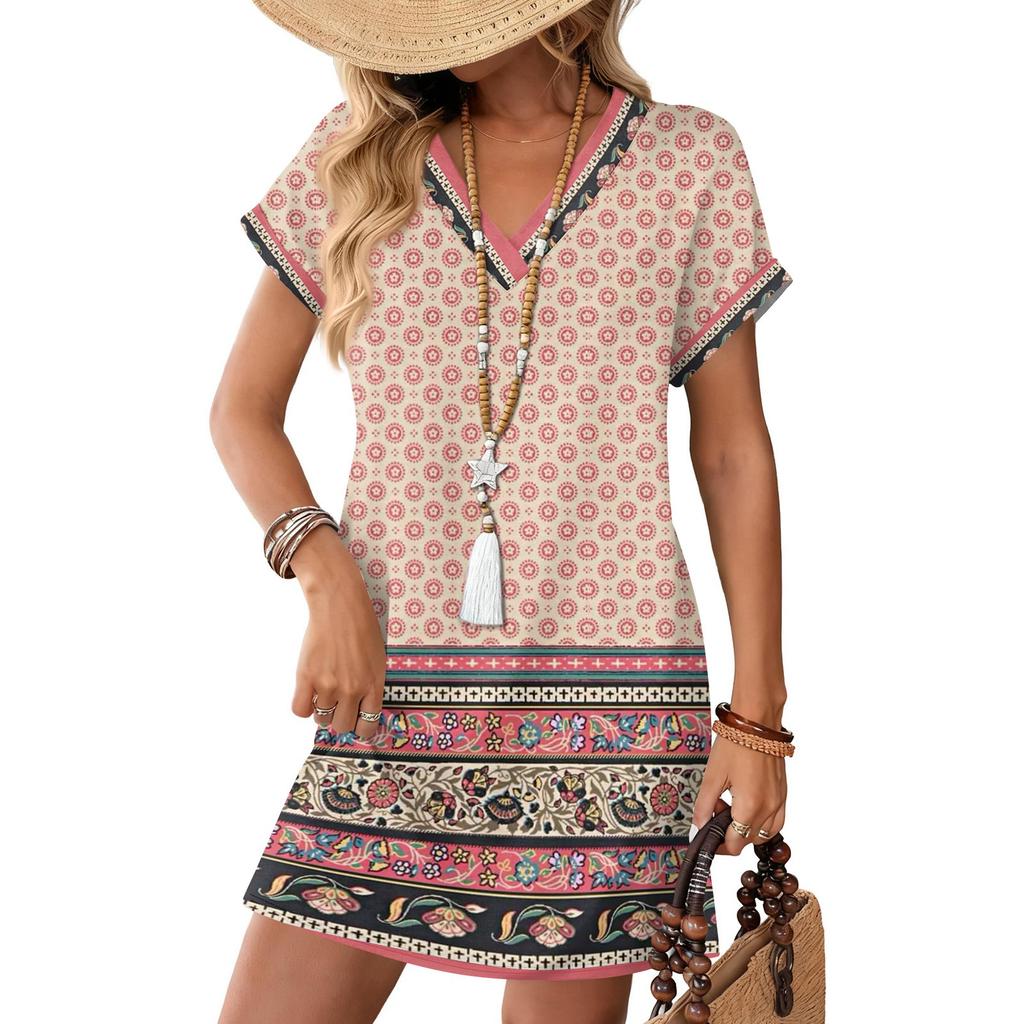 Women's Fashionable Floral Print V-neck Short Sleeved Pocket Casual Pullover Dress
