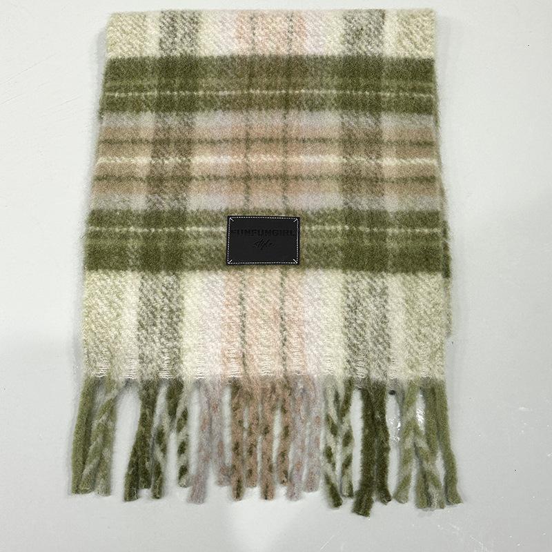 New plaid wool niche contrasting scarf women's autumn and winter thickened warm scarf high-end fringed shawl