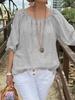 Solid Color Round Neck Mid Sleeve Cotton Linen Casual Top