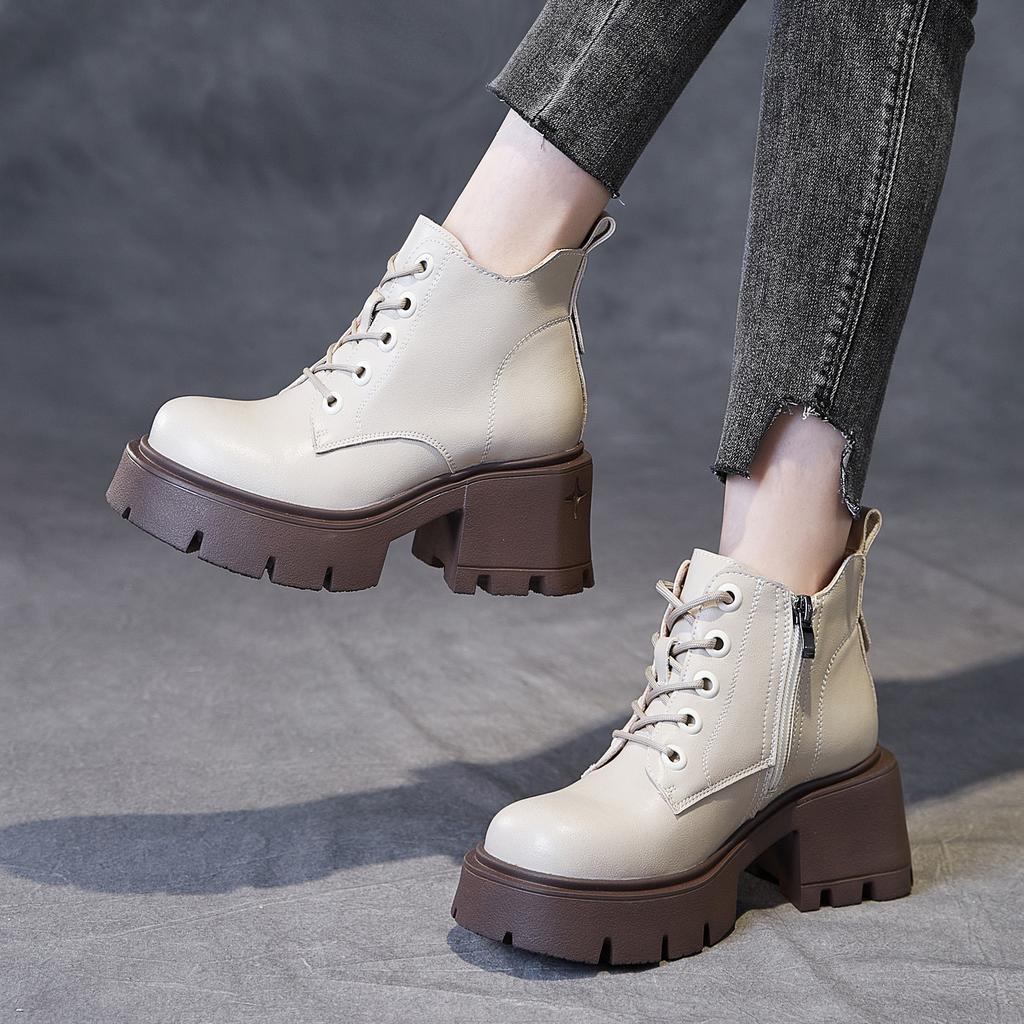 Autumn and winter new thick heel Martin boots women's leather round head small height increase short boots women's boots tide