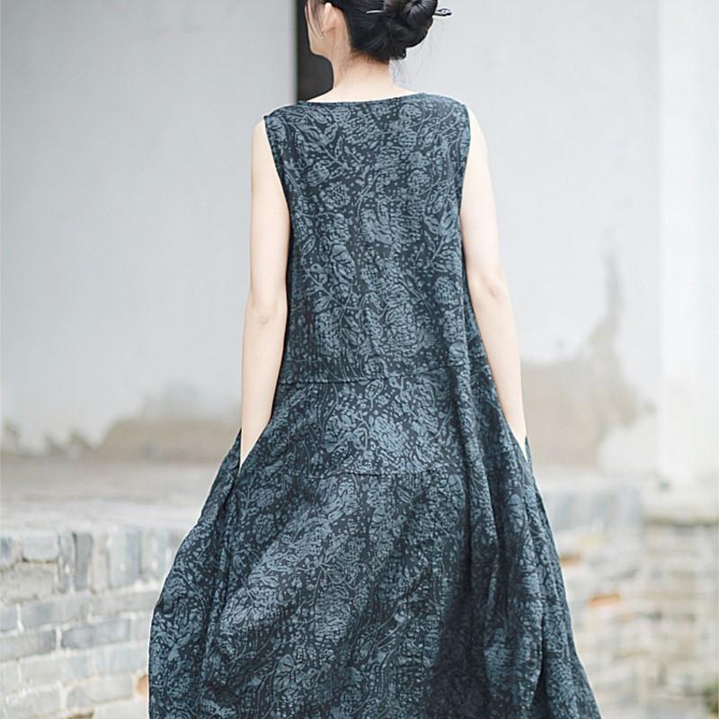 Johnature Women Vintage Sleeveless Dress O-Neck Jacquard Summer High Quality Female Dress