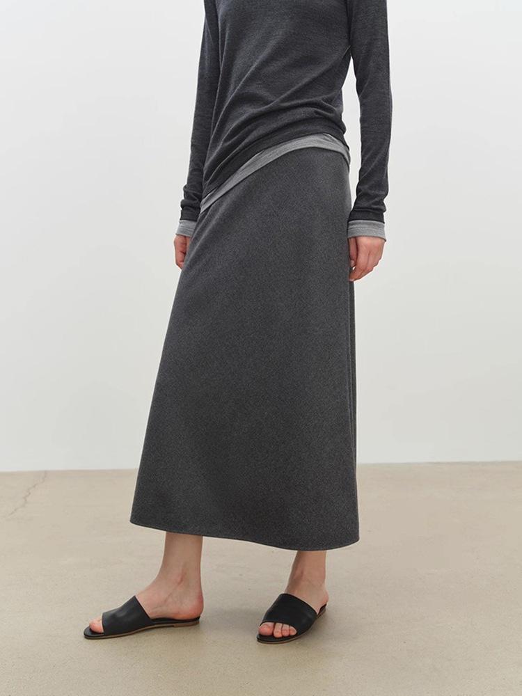 Wen Jiu A-Line Long Skirt: Slanted Cut Wool, Solid Color, Winter Elastic Waist, Slimming Half Skirt