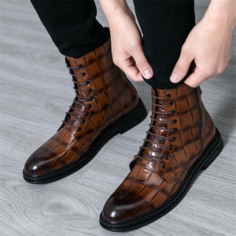 New Designer Crocodile Pattern Pointed Business Casual Ankle Boot For Men Winter High Tops New Motorcycle Chelsea Leather Shoes