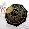 Golden Celestial Sun & Moon Face Round Coaster Set of 2 Umbrella, Cute Umbrella with Cute Design, Portable 3-Fold Compact Umbrella for Men & Women, Va