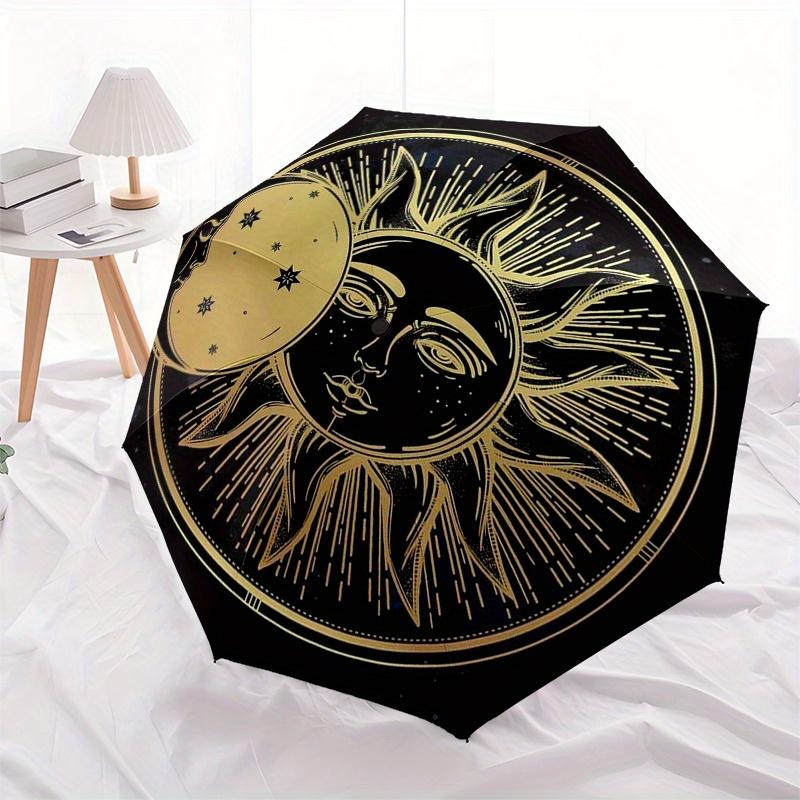 Golden Celestial Sun & Moon Face Round Coaster Set of 2 Umbrella, Cute Umbrella with Cute Design, Portable 3-Fold Compact Umbrella for Men & Women, Va