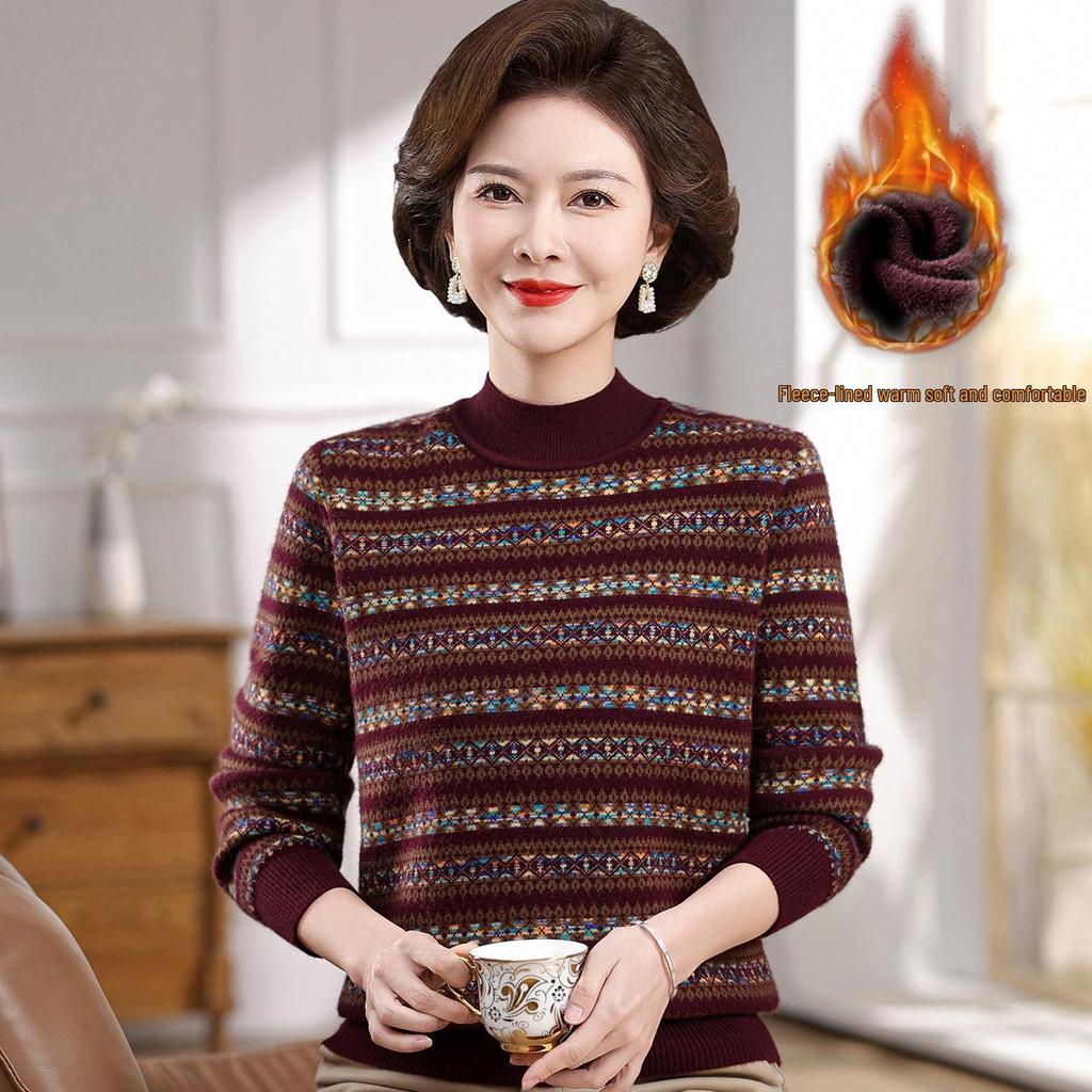 Mother's Winter Plus Velvet Sweater: Stylish, Fashionable, and Warm Base Layer for Middle-Aged and Elderly Women.