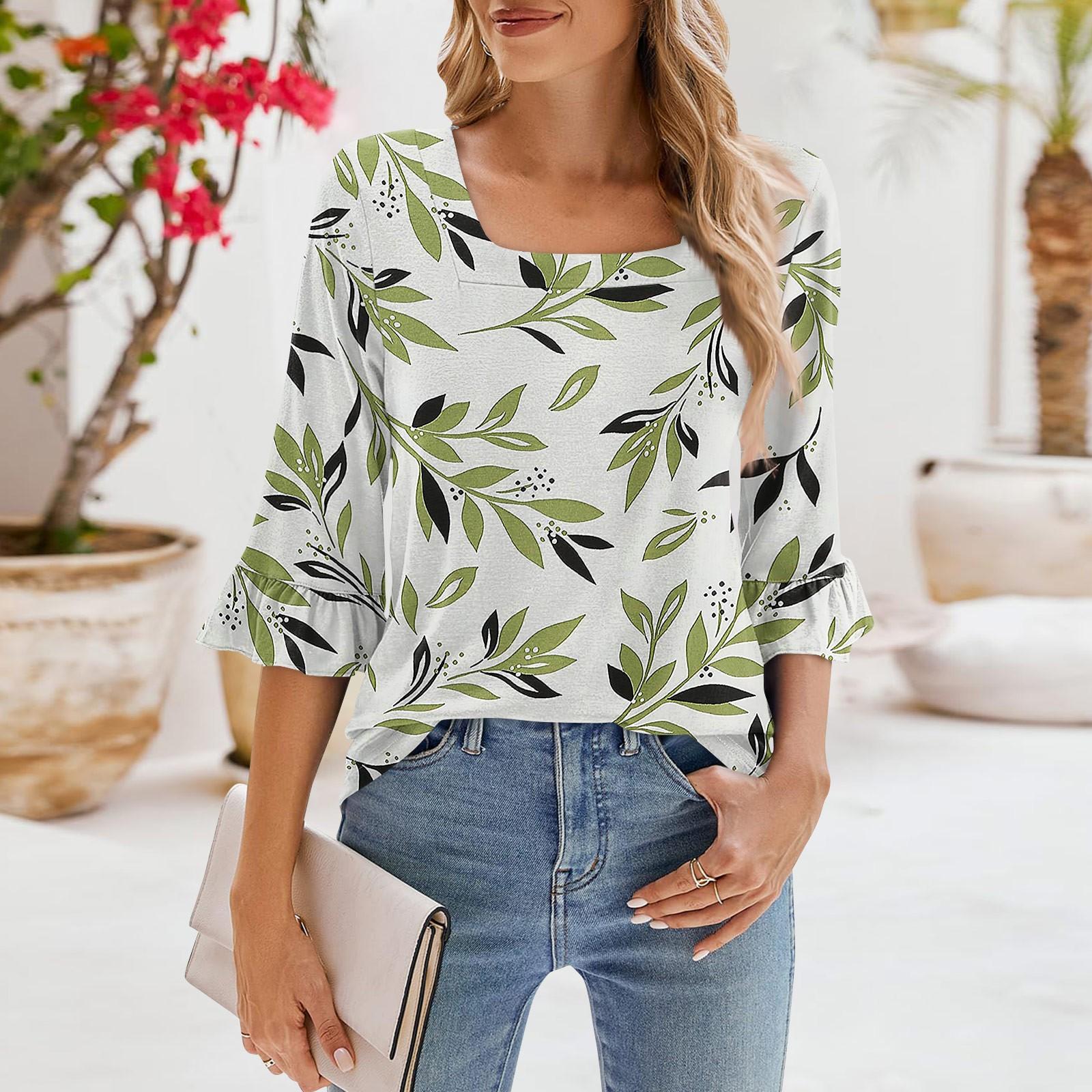 

Жіночі повсякденні топи з рукавами 3/4, літні футболки з квадратним вирізом і рюшами, вільні блузки-туніки L