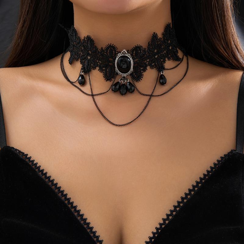 Gothic Black Lace Rope Chain Necklace Beads Geometric Charm Chokers Collar Girls Women Party Y2K Jewelry