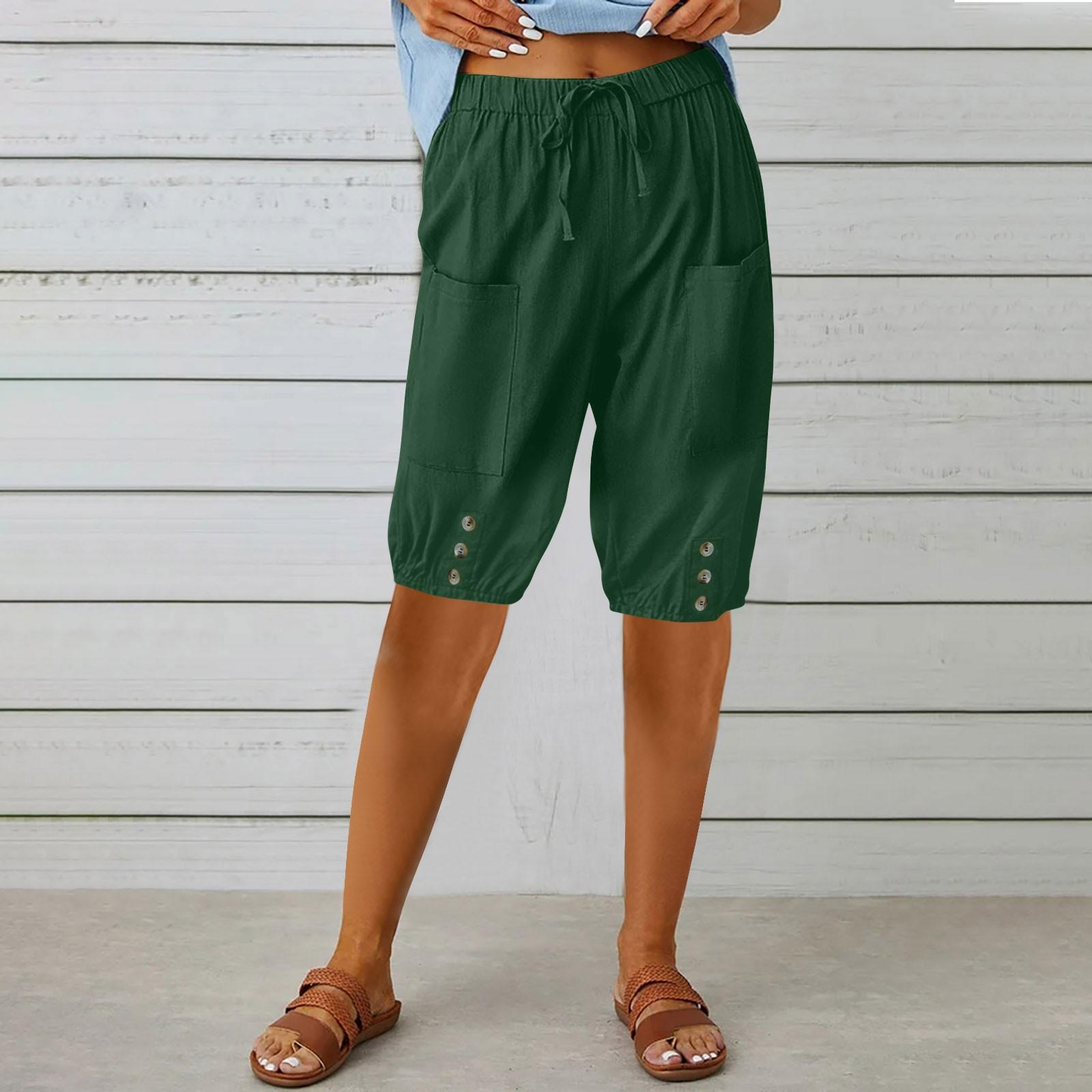 

Брюки-капри для женщин, льняные полубрюки с высокой талией, повседневные шорты до колена на шнурке с карманами XXXL зелёный