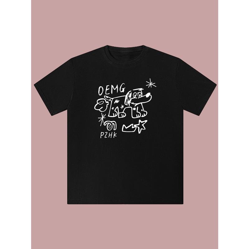 

European Size Square Puppy Print Men s and Women s Versatile Design Pure Cotton Short Sleeve T-Shirt Men s Top 4XL чорний