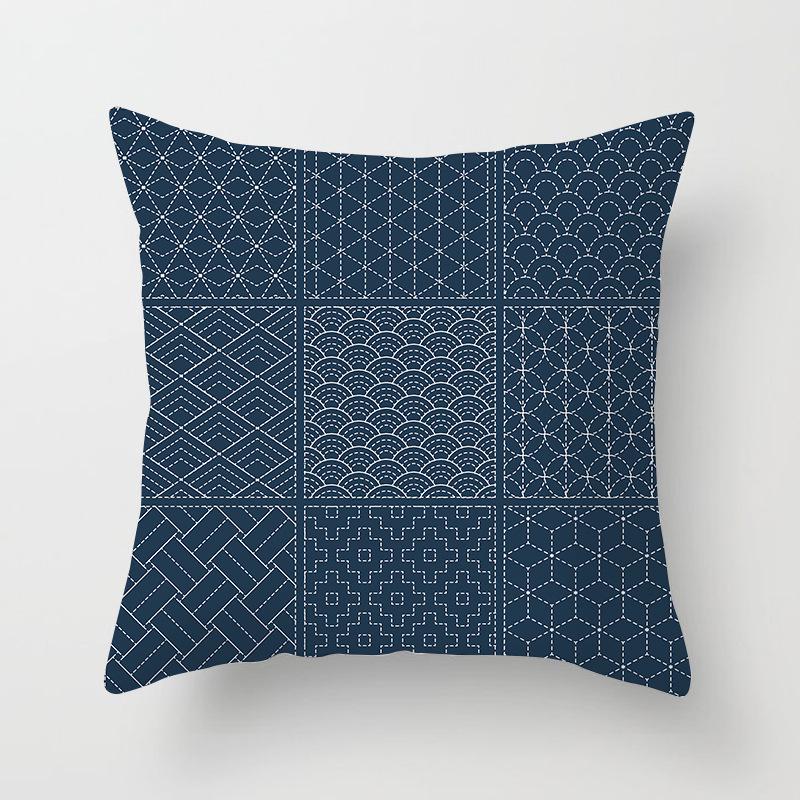 Peach Skin Pillowcase Blue and White Porcelain Geometric Print Abstract Sofa Cushion Cover Office Waist Pillow Cover